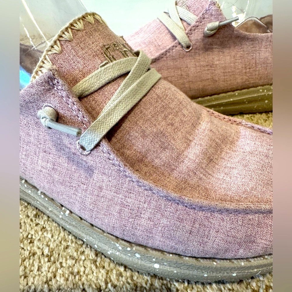 Like New Hey Dude Mauve Wendy Stretch Canvas Shoes w/ Polka-Dot Tan Sole - Picture 10 of 14